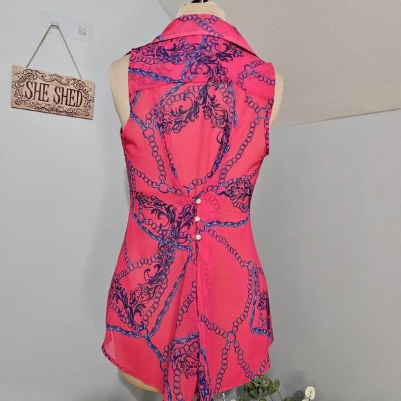 Sweet Pea Pink Sleeveless Button Down Blouse Gathered Button Back Tunic Small - Picture 3 of 13